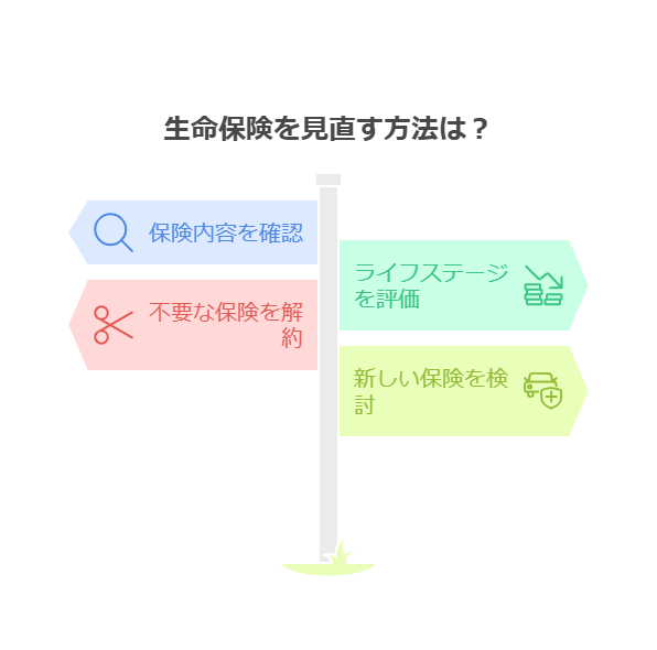 生命保険の見直し方法を示した案内標識のようなデザインの図。中央に柱があり、4つの方向に矢印が伸びている。左側には「保険内容を確認（契約内容の見直し）」、「不要な保険を解約（無駄な保険料を削減）」と記載。右側には「ライフステージを評価（結婚・子育て・退職などの変化を考慮）」、「新しい保険を検討（必要に応じて適切なプランを選ぶ）」が書かれている。