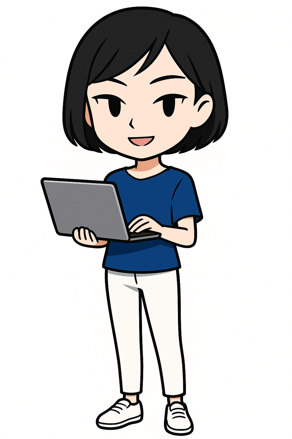 japanese woman holding a pc, wearing a blue T-shirt, white pants and sneakers.