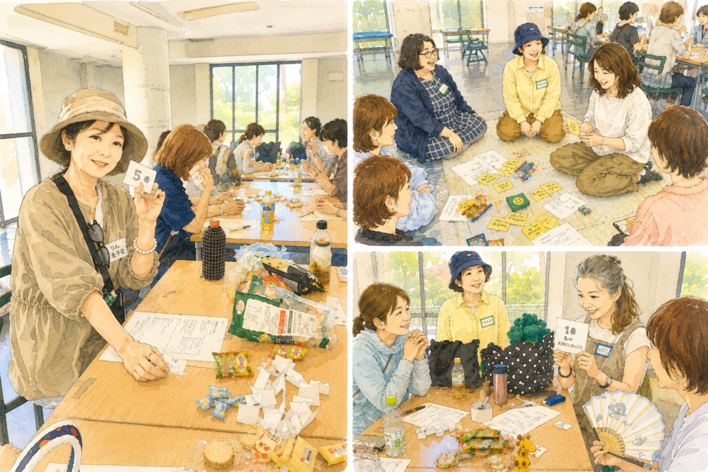 きりん女子の群れの参加者が価値観カードゲームを楽しみながら交流する様子を描いた手描き風イラスト